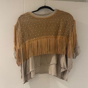 Free People Beige and Gold Sequin Fringe Crop Top